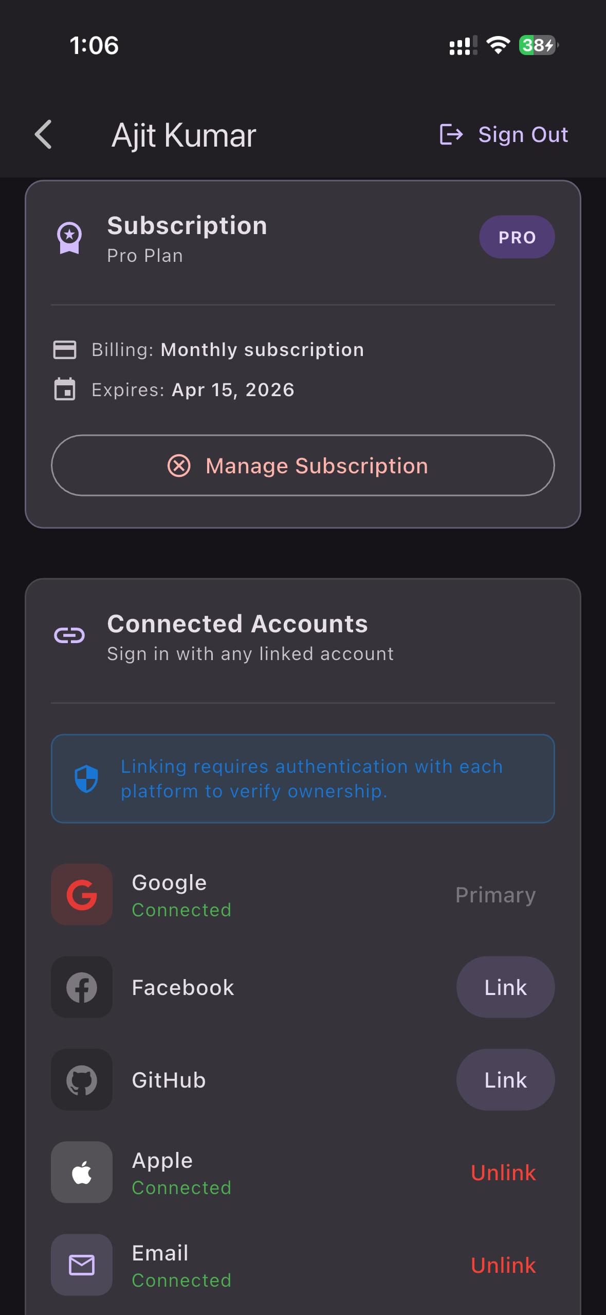 Better Keep account screen showing subscription details and connected sign-in providers