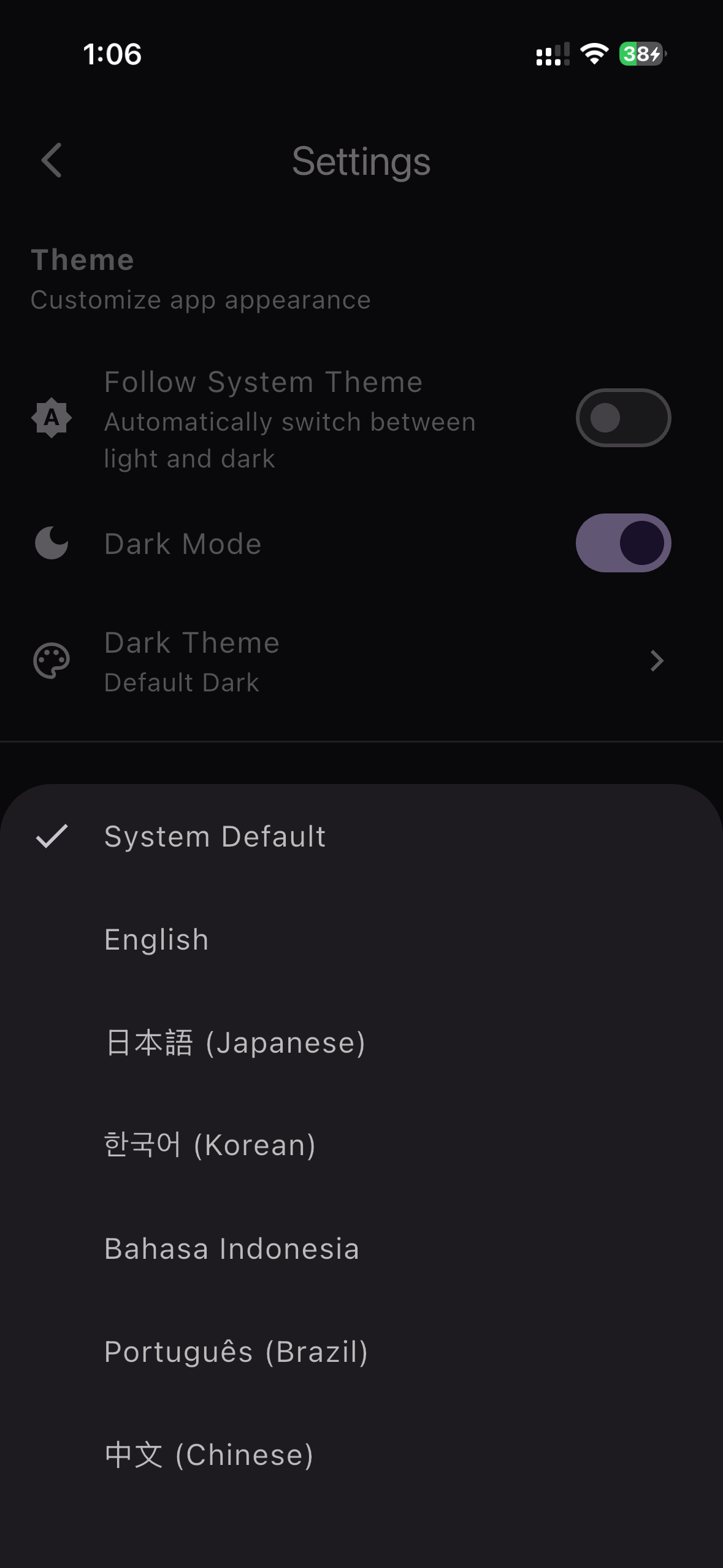 Better Keep settings with dark theme controls and supported language choices